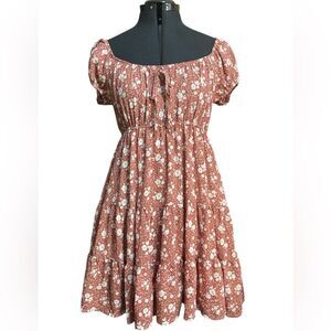 MINE Peasant Babydoll Milkmaid Off-the-shoulder Mini Tiered Dress‎ Dusty Rose S